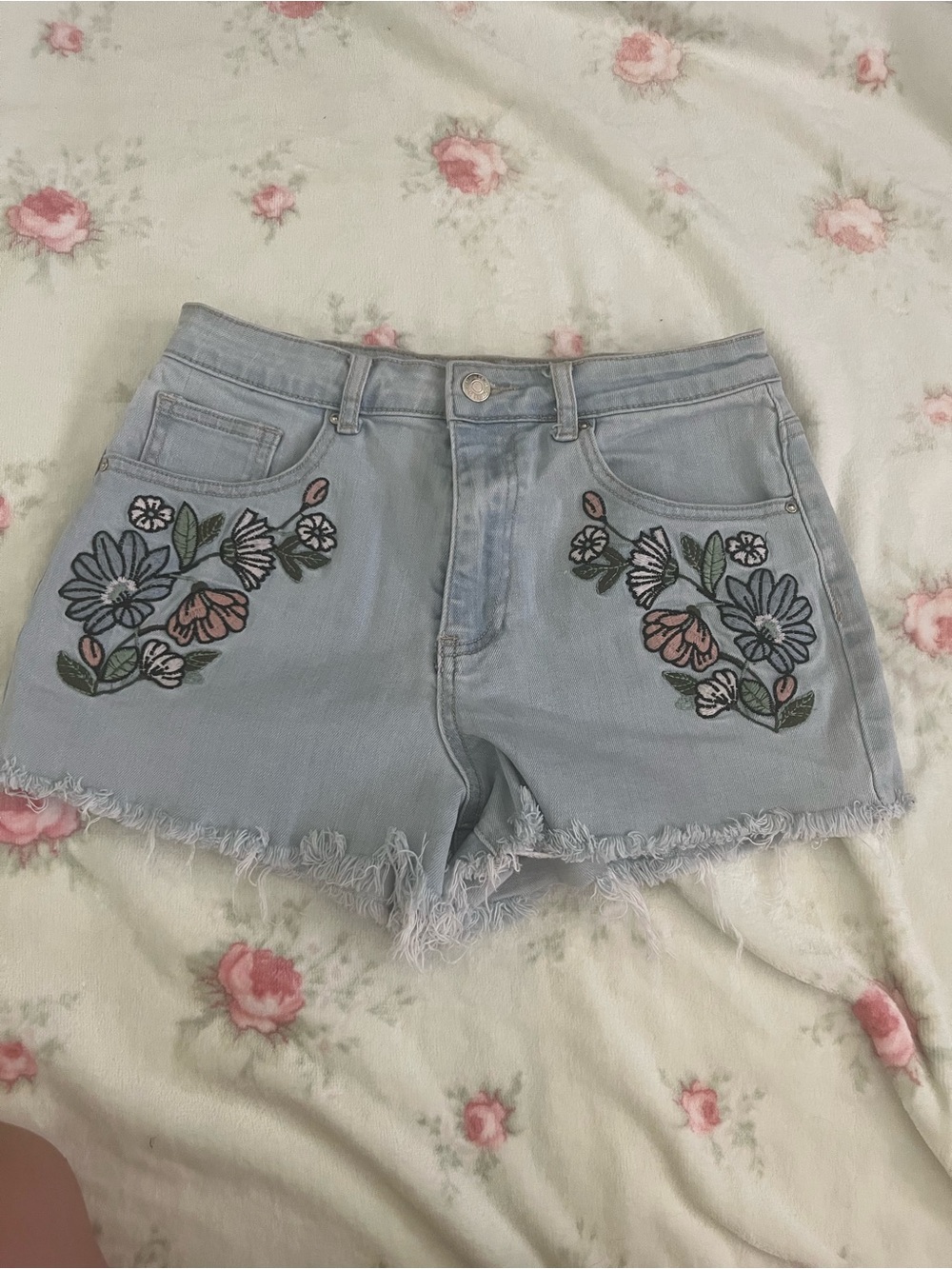Forever 21 Light Blue Denim Shorts with Floral Embroidery